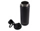 A drink bottle in matte black, featuring a screw cap and a removable lid with a spout. It has a logo on it.