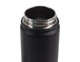 A drink bottle with a sleek black exterior and a stainless steel screw cap, featuring a logo on the side.
