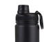 A drink bottle in matte black with a screw cap and a handle, featuring a logo on the side.