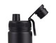 A drink bottle in black with a screw cap and flip top, featuring a handle and a logo.