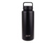 A drink bottle in matte black with a handle, featuring a logo on the front. Suitable for vacuum insulation.