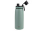 A drink bottle in matte green with a screw cap and a flip-top spout, featuring a logo.