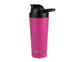 A drink bottle in vibrant pink with a black lid and a logo, designed for vacuum insulation.