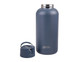 A drink bottle in matte dark blue with a silver top and a detachable lid featuring a handle.