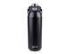 A drink bottle with a black matte finish, featuring a vacuum quick release lid and a handle, with a logo. A drink bottle with a black matte finish, featuring a vacuum quick release lid and a handle, with a logo.