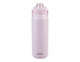 A drink bottle in pastel pink, featuring a quick release lid and a logo on the front. A drink bottle in pastel pink, featuring a quick release lid and a logo on the front.