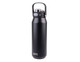 A drink bottle in matte black featuring a vacuum quick release lid and a sturdy handle. It includes a logo.