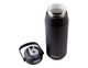 A drink bottle in matte black with a stainless steel interior and a quick release lid. The lid features a handle and a spout, and includes branding. A drink bottle in matte black with a stainless steel interior and a quick release lid. The lid features a handle and a spout, and includes branding.