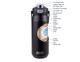 A drink bottle features a black exterior, vacuum insulation, a silicone seal, and a push button cap release. A drink bottle features a black exterior, vacuum insulation, a silicone seal, and a push button cap release.
