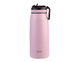 A drink bottle in pink with a black spout and handle, featuring a logo on the front.