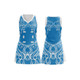 A women's A-line netball dress in blue featuring white decorative patterns and a logo.