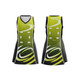 A green and black women's A-line netball dress with a stylish design and a logo on the front.