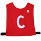 Red pull-over elastic netball bib with a white 'C' and a logo on the side. Features black elastic straps. Red pull-over elastic netball bib with a white 'C' and a logo on the side. Features black elastic straps.