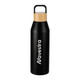 A drink bottle in matte black with a bamboo lid and a handle, featuring a logo on the side.