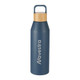 A drink bottle in navy blue with a bamboo lid and a logo on the side, made from recycled materials, 1L capacity.