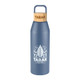 A drink bottle in blue with a bamboo lid and a logo, designed for reusable use.