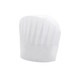 A white disposable non-woven chef hat with pleated design, measuring 23cm in height. Features a logo.