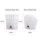 A disposable non-woven chef hat in white, with a square and a round design, featuring a small logo.