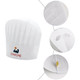 A white disposable non-woven chef hat featuring a logo, showcasing its structured design and fastening detail.