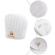 A white disposable non-woven chef hat with pleats, featuring a logo, demonstrating various angles and details.