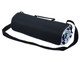 A rolled-up picnic rug in black with a patterned interior, featuring a carrying strap for easy transport.