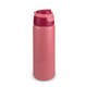 A drink bottle in shades of pink with a matching lid and a logo on the body.
