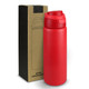 A red vacuum bottle next to its packaging box, featuring a simple design and a lid. The bottle has a logo.