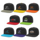 A variety of flat peak caps in black with contrasting coloured brims, featuring different logos.