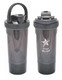 A drink bottle in black with a screw-top lid and a logo, featuring a sleek design suitable for protein shakes.