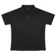 A black women's polo shirt with short sleeves and a collar. It features a logo on the chest.