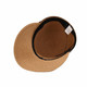 A straw hat with a wide brim and a black interior, featuring a label inside. It has a natural beige colour.