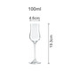 A clear tulip wine glass with measurements of 19.3cm height and 4.6cm diameter, designed for 100ml capacity.