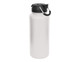 A drink bottle with a white body and a black lid, featuring a carrying handle and a logo.