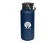 A drink bottle in navy blue with a black lid and a branded logo on the side.