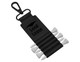 A black golf tee holder featuring multiple white tees and a clip for attachment. It includes a logo.