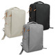 A range of three backpacks in cream, grey, and black, featuring zippers and a logo.