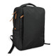 A black daily backpack with a sleek design, featuring multiple zippers and a logo on the front.