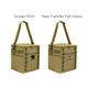 A foldable insulated cooler bag in khaki, featuring adjustable straps and logos on each side. A foldable insulated cooler bag in khaki, featuring adjustable straps and logos on each side.