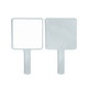 A handheld square mirror with a white frame and handle, featuring two reflective surfaces.