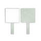 A handheld square mirror in a light grey finish with a plain reflective surface and a handle.