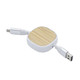 A fast charging cable with a bamboo top and white base, featuring two connectors and a logo.