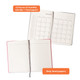 A B5 notebook with a pink PU cover, featuring monthly calendar pages and lined paper. Includes a ribbon marker.