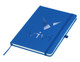 A blue A5 notebook with a glossy logo and an elastic closure, featuring a ribbon marker.