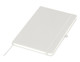 A white A5 notebook with an elastic closure, featuring a logo and a ribbon bookmark.