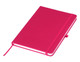 A bright pink A5 notebook with a textured cover, elastic band, and a ribbon bookmark.