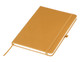 A yellow A5 notebook with a ribbon bookmark, elastic band, and a textured cover. It has a logo on the front.