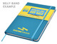 A turquoise notepad with a matching elastic band and a belly band featuring a branding logo.