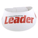 A white sun visor with red text, featuring a logo or branding.