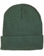 A green beanie with a textured pattern and a folded cuff, featuring a logo on the side.