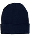 A navy beanie hat with a rolled cuff, made from rPET material, featuring a logo on the side.